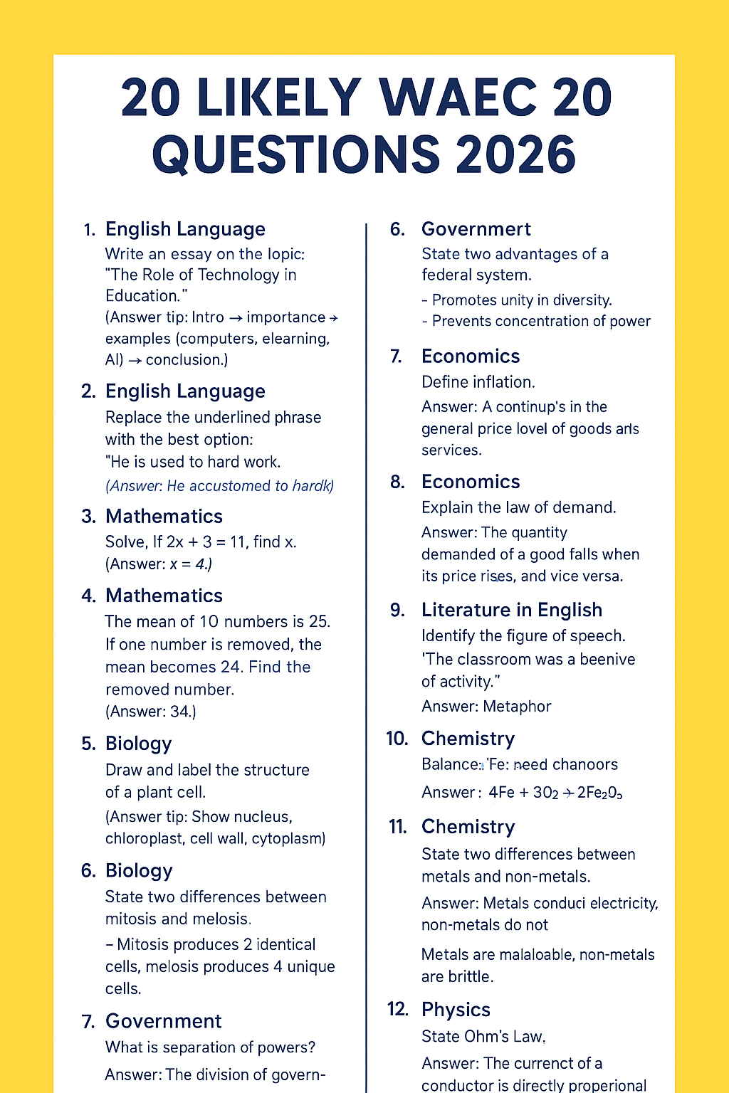 WAEC likely questions 2026