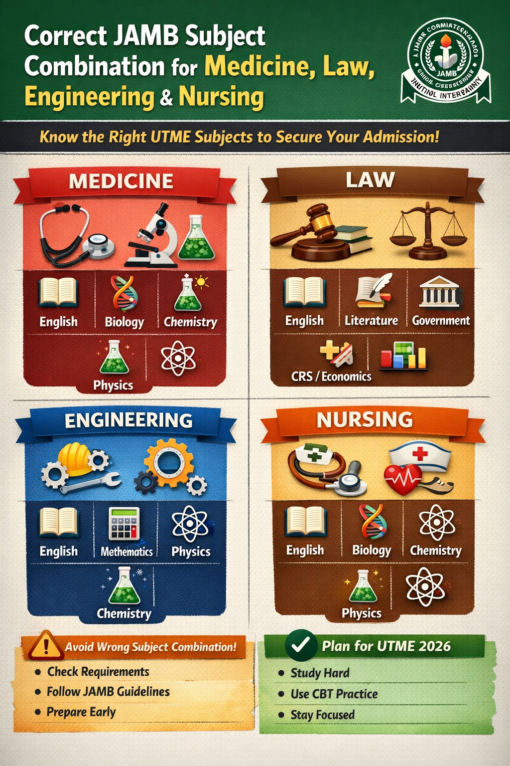 Correct JAMB Subject Combination for Medicine, Law, Engineering, & Nursing