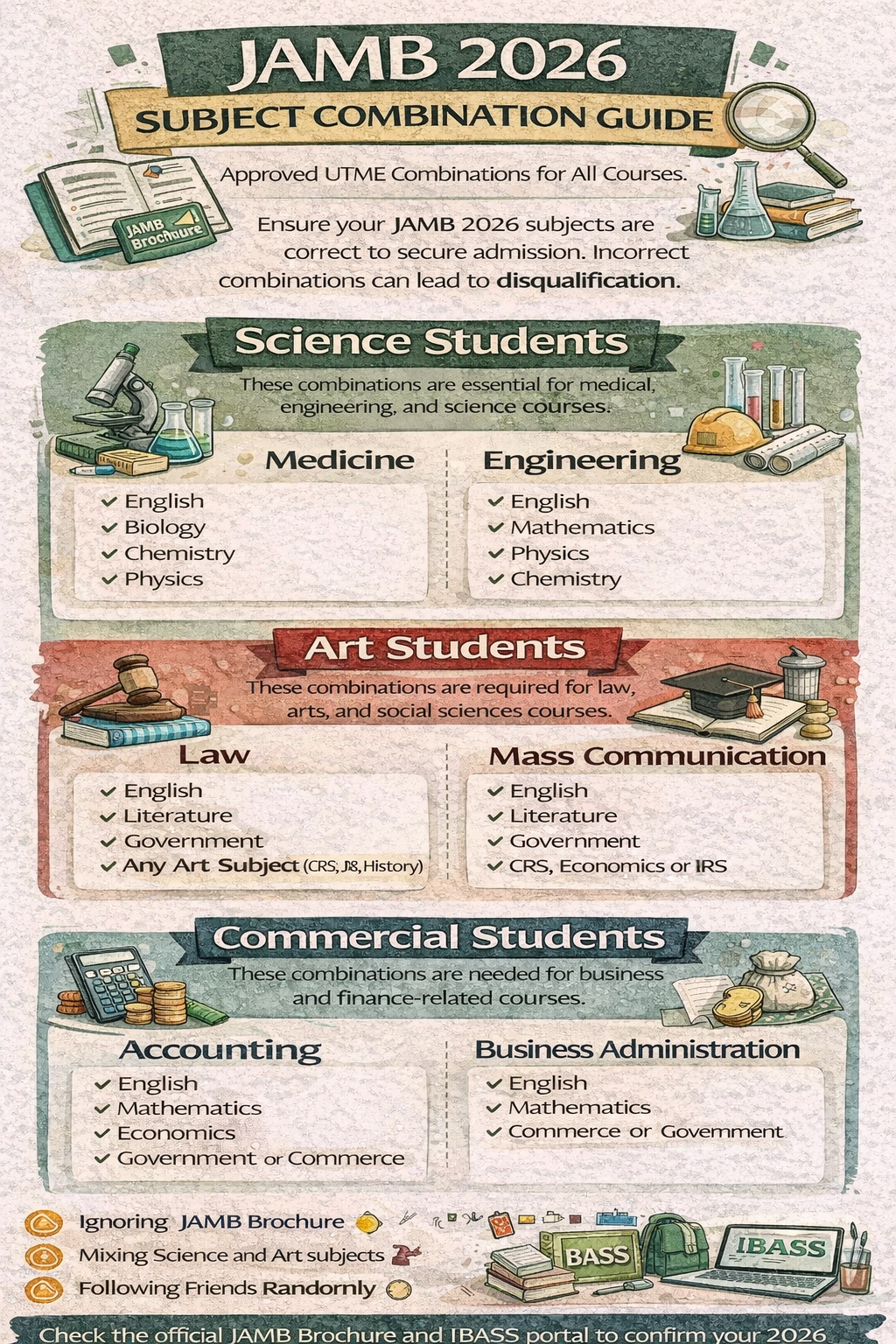 JAMB 2026 Subject Combination Guide for Science, Art, and Commercial Students (Approved UTME Combinations for All Courses)