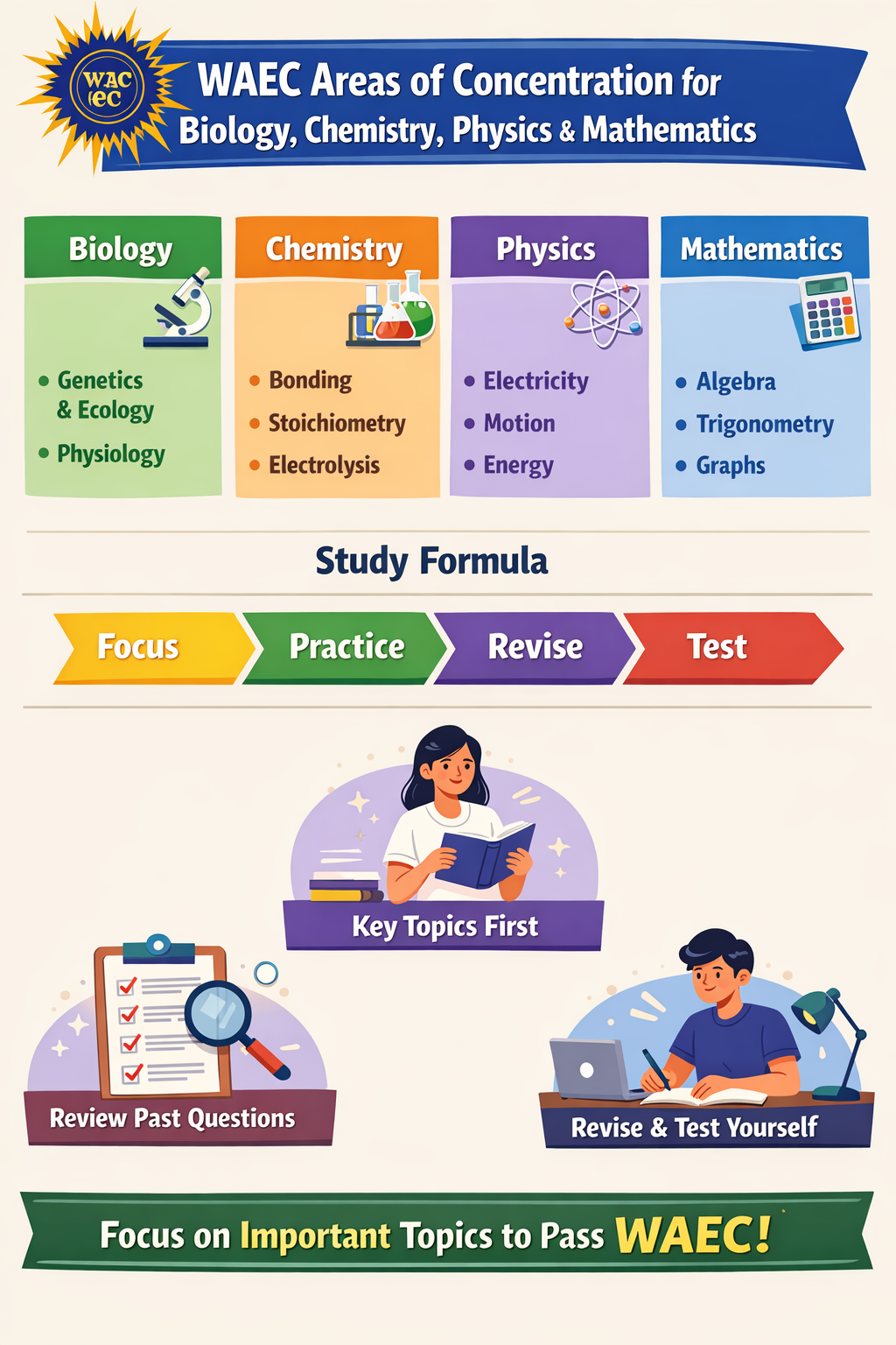 WAEC Areas of Concentration for Biology, Chemistry, Physics, and Mathematics 2026 (Complete Guide)